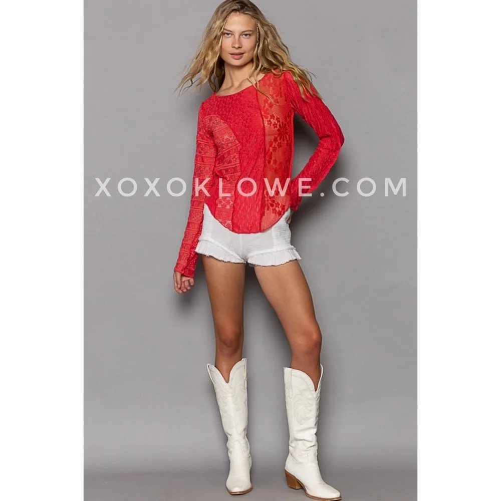 POL Red Lace Blouse | Mixed Pattern Long Sleeve Round Hem